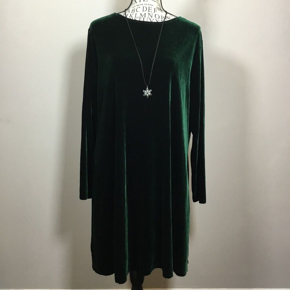 Vintage dark green long sleeve shift dress velvet witchy 12/L